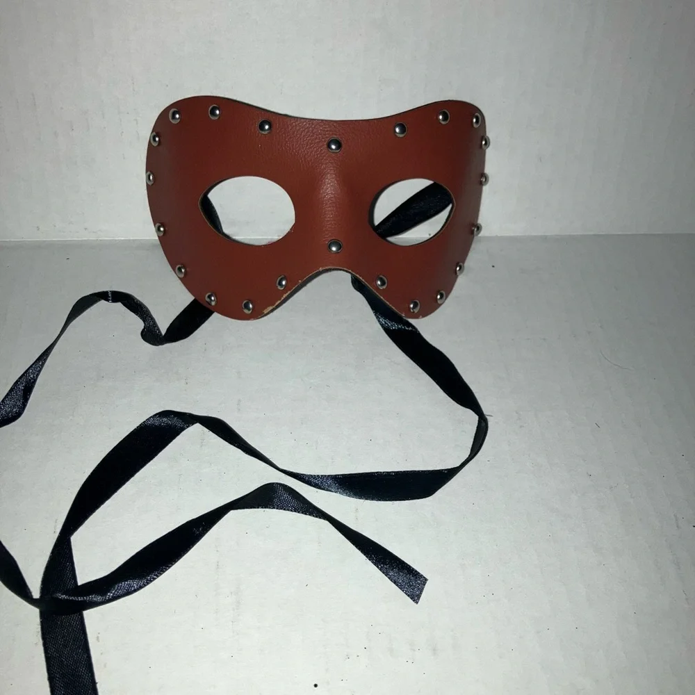 Brown Leather & studs Eye Mask with Black Ribbon